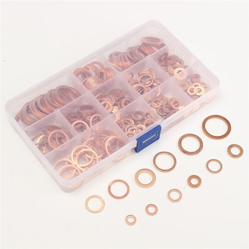 280PCs Solid Copper Ring Washers Sump Plug Assorted Washer Set Plastic Box Great 12 Sizes Oil Seal Metal Washer Plain