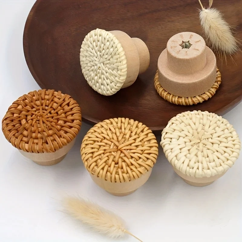 1pc Rattan Braided Round Handle Knob, Wooden Handle, For Kitchen Living Room Bedroom Closet Cabinet