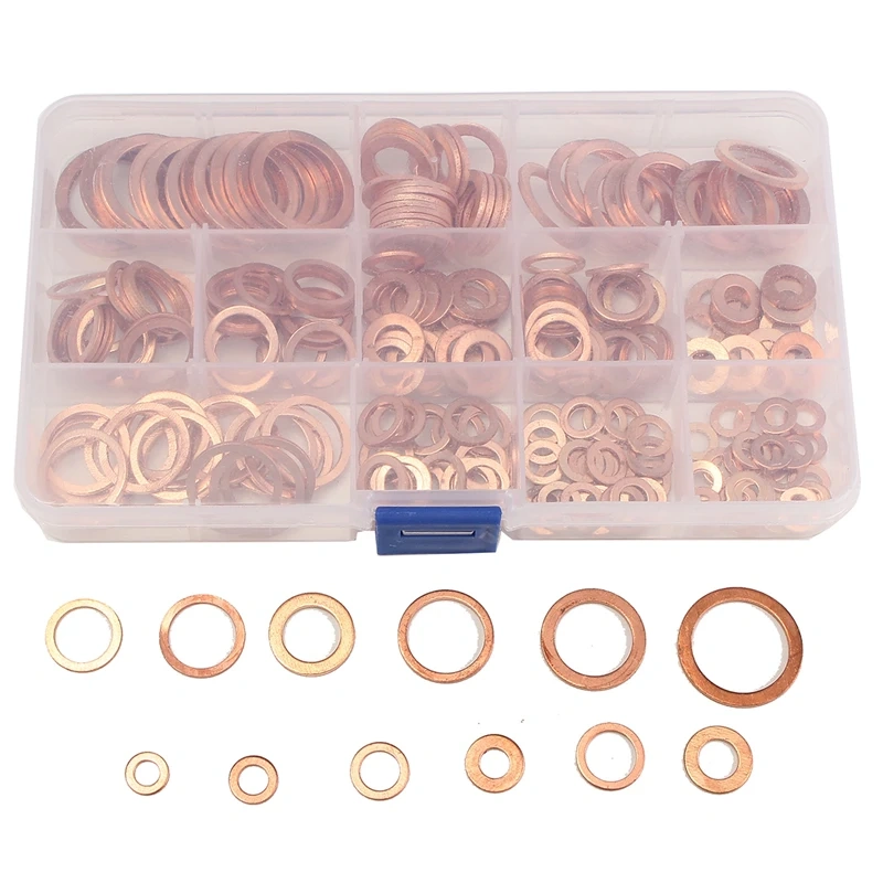 280PCs Solid Copper Ring Washers Sump Plug Assorted Washer Set Plastic Box Great 12 Sizes Oil Seal Metal Washer Plain