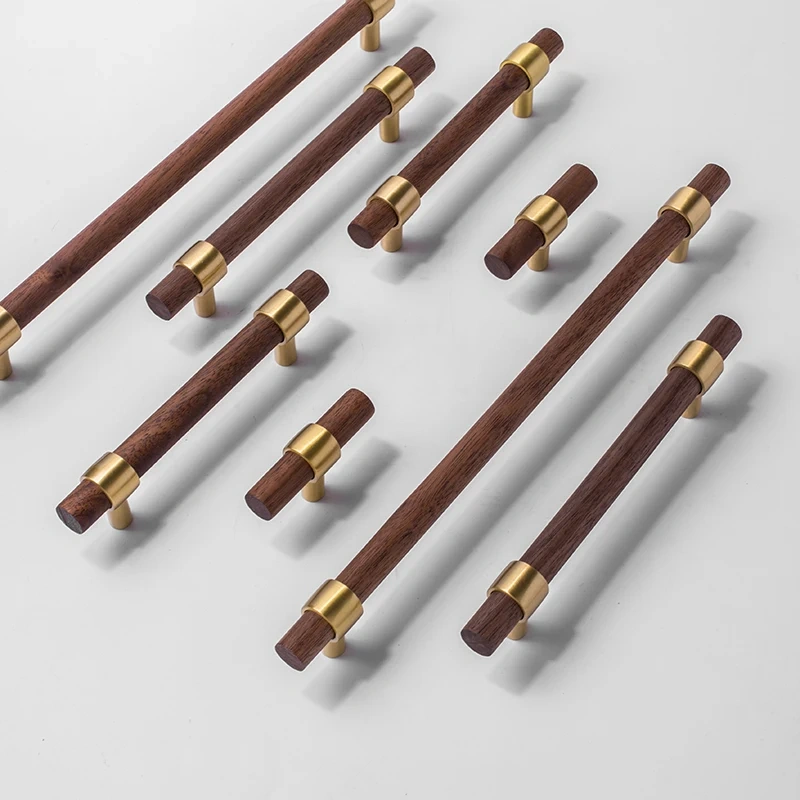 Nordic Style Combinant of Brass and Black Walnut Wood Cupboard Door Pull Handle Color Adjustable  Knob