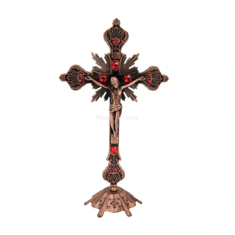 Church Relics Figurines Crucifix Jesus Christ On The Stand Wall Cross Antique Religious Altar Home Chapel Decoration 4 Colors