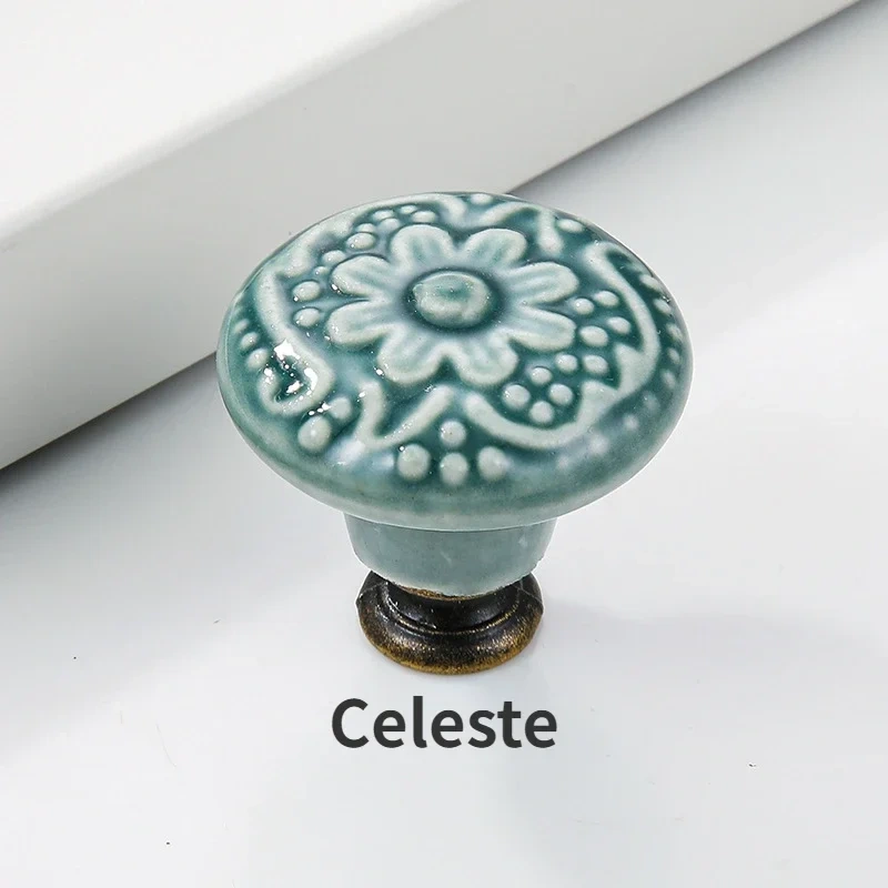 1pc Light Luxury New Chinese Solid Wood Wardrobe Handle Vintage Pattern Drawer Single Hole Handle Cabinet Door Ceramic Handle