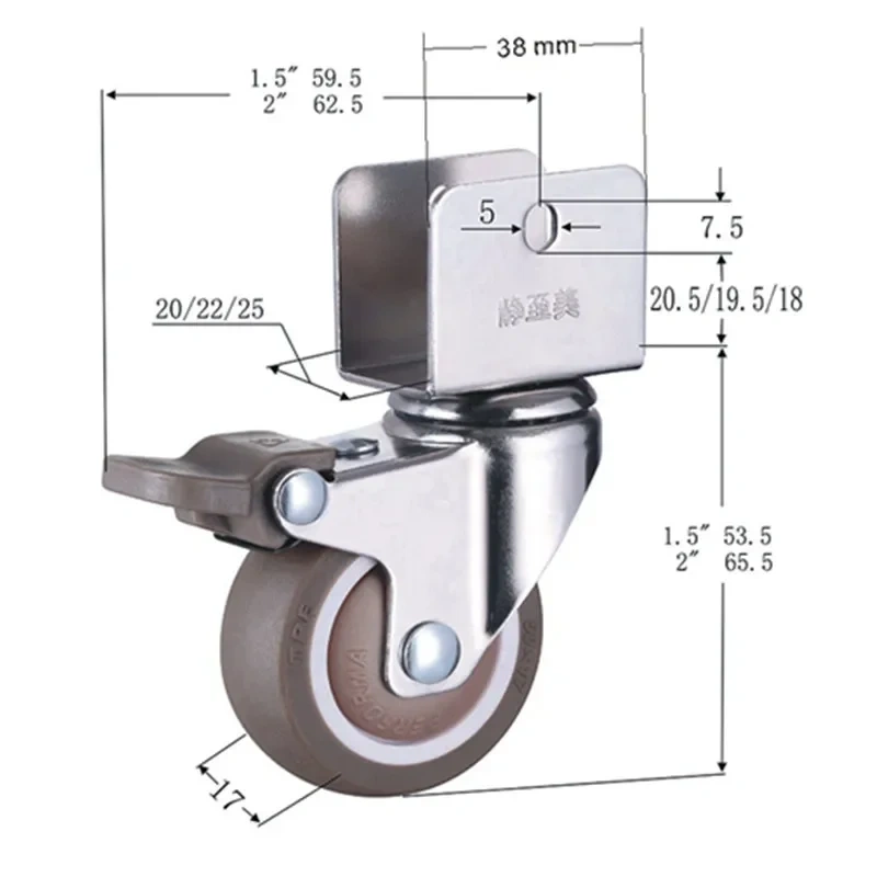 4Pcs 1.5" 2'' Ball Bearing Universal TPE Castor Caster Wheels Splint U Mount 20 22 25mm Brake Baby Bed Trolly Chair