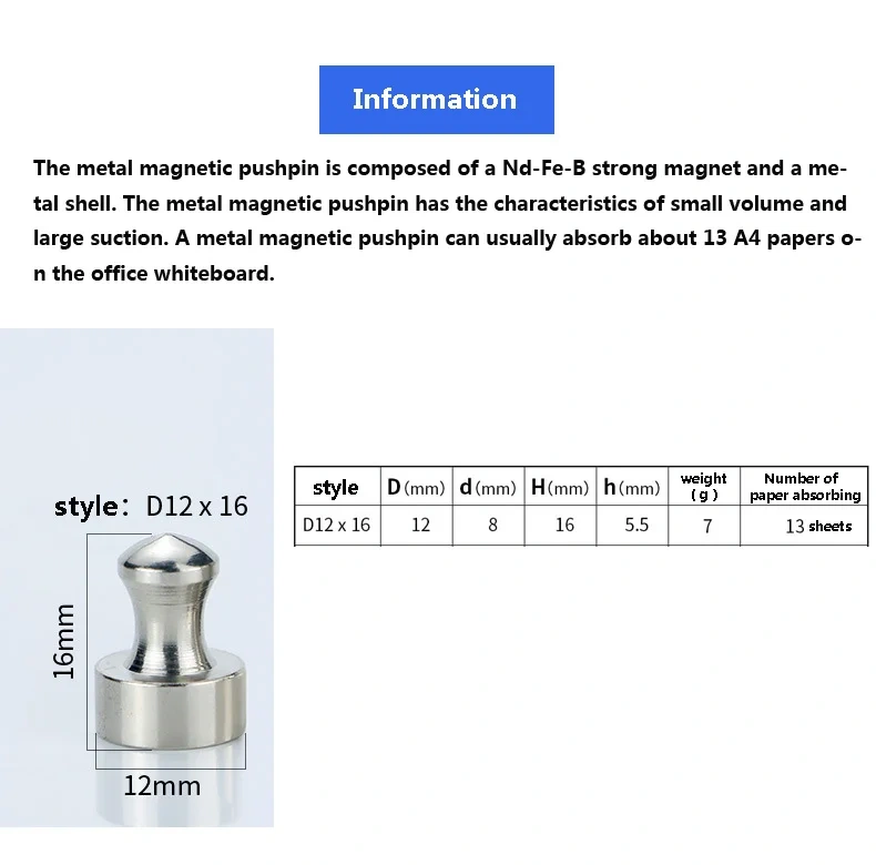 12pcs Magnet pinboard Office thumbtack Push pin Strong Neodymium Magnets Cones magnets Super  Chess Magnetic push pins D12*16