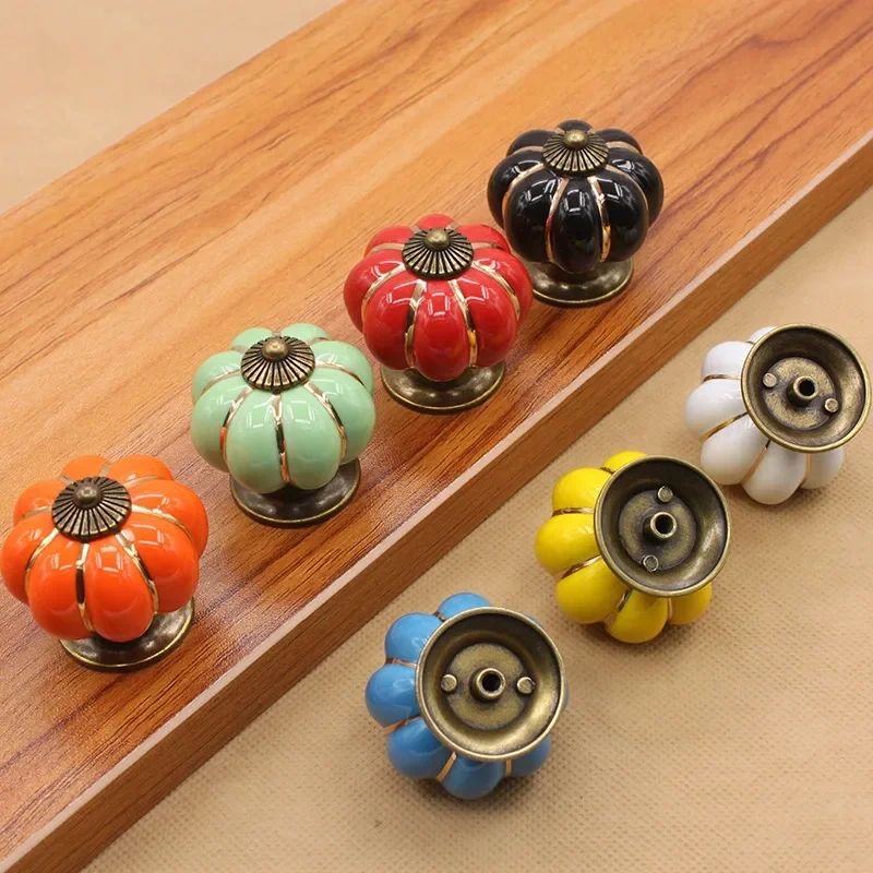 1pc Furniture Handle Door Knobs Furniture Drawer Cupboard Kitchen Pull Handle Pumpkin Ceramic Cabinet Handles Retro Hardware
