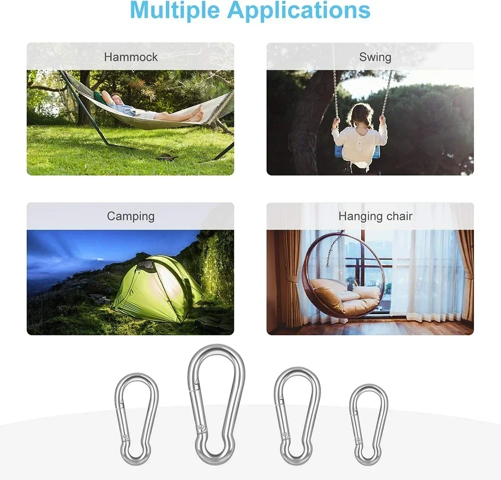 304 Stainless Steel Spring Snap Hook Carabiner Clips M4 M5 M6 M7 M8 M10 M11 M12 Heavy Duty Locking Climbing Carabiners Clips
