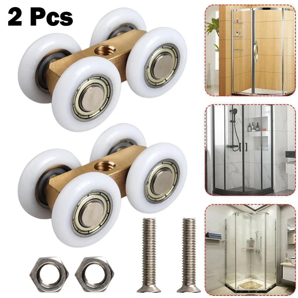 2pcs Adjustable Roller Shower Room Copper Four-Wheel Hanging Pulley Cabin Sliding Door Hardware Shower Room Glass Door