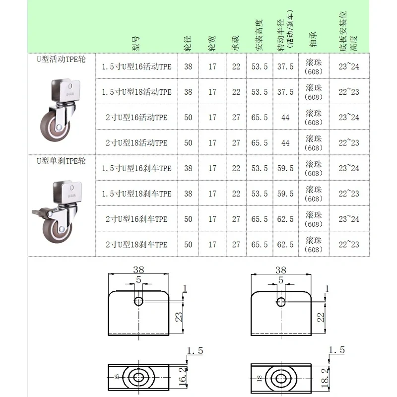 4Pcs 1.5" 2'' Ball Bearing Universal TPE Castor Caster Wheels Splint U Mount 20 22 25mm Brake Baby Bed Trolly Chair