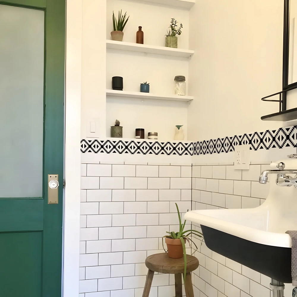 1pc Wall Border Sticker Black Pattern Waterproof Tile Stickers Peel & Stick Wall Stickers Decor Oil Proof Hotel Kitchen Bathroom