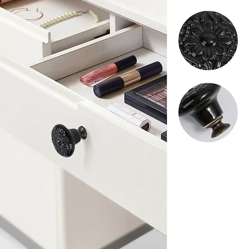 1pc Light Luxury New Chinese Solid Wood Wardrobe Handle Vintage Pattern Drawer Single Hole Handle Cabinet Door Ceramic Handle
