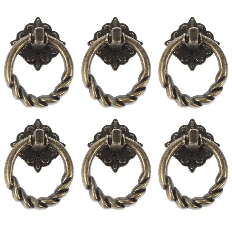 6pcs Ring Drawer Handle Cabinet Knobs Dresser Cupboard Handles Knob Metal Vintage Bronze Kitchen Door Drawers Wardrobe Hole