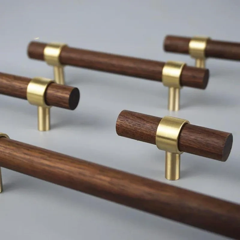 Nordic Style Combinant of Brass and Black Walnut Wood Cupboard Door Pull Handle Color Adjustable  Knob