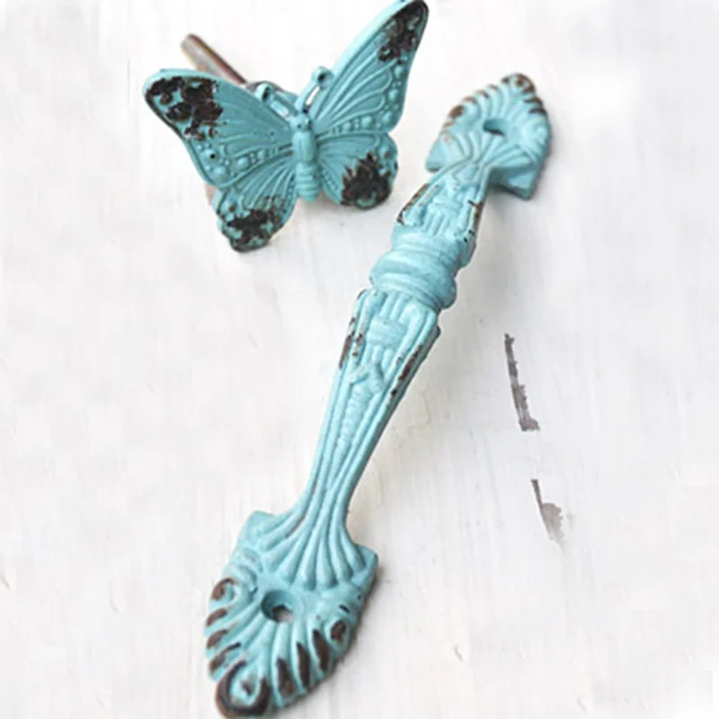 Mediterranean Style Single Hole Butterfly Handle Retro Wardrobe Cat Tail Double Hole Handle and Knob Drawer Wall Mounted Knob