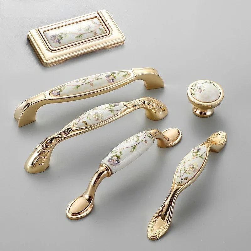 Modern simple light luxury pastoral European handle bright gold ceramic handle furniture hardware