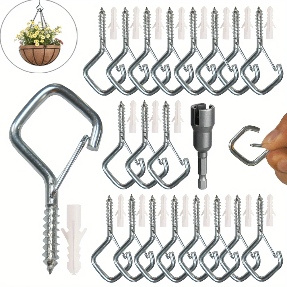 20pcs Square Snap Hanging Hooks - Anti-Drop Bonsai Hooks With Safety Buckles For Christmas Rope String Lights - Includes Wrench