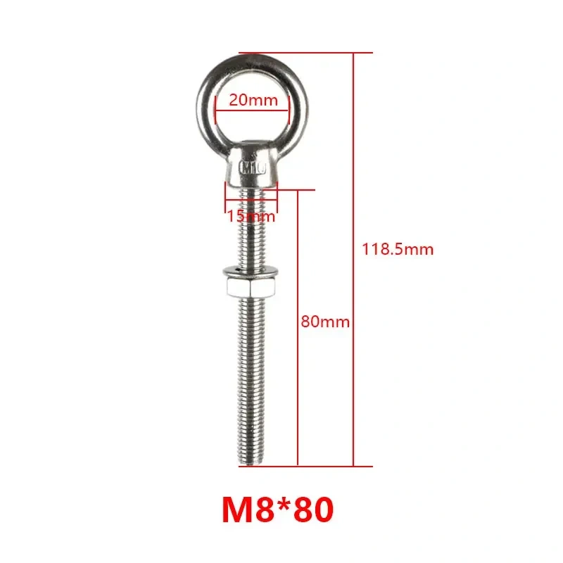 316 Stainless Steel Marine Grade Lifting Eye Bolts M6 M8 M10 Thread Casting Long Bolt With Washer And Nut