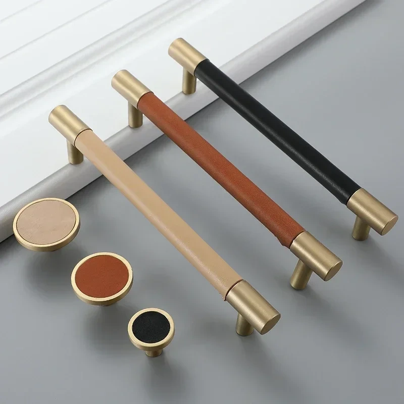 1pcs Cow Leather+brass natural Handles Drawer Cabinet Knob Kitchen Door Handle Cupboard Wardrobe Pull Handles Furniture Fittings