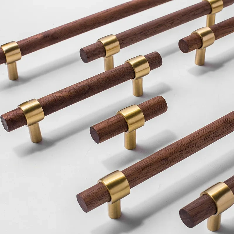 Nordic Style Combinant of Brass and Black Walnut Wood Cupboard Door Pull Handle Color Adjustable  Knob