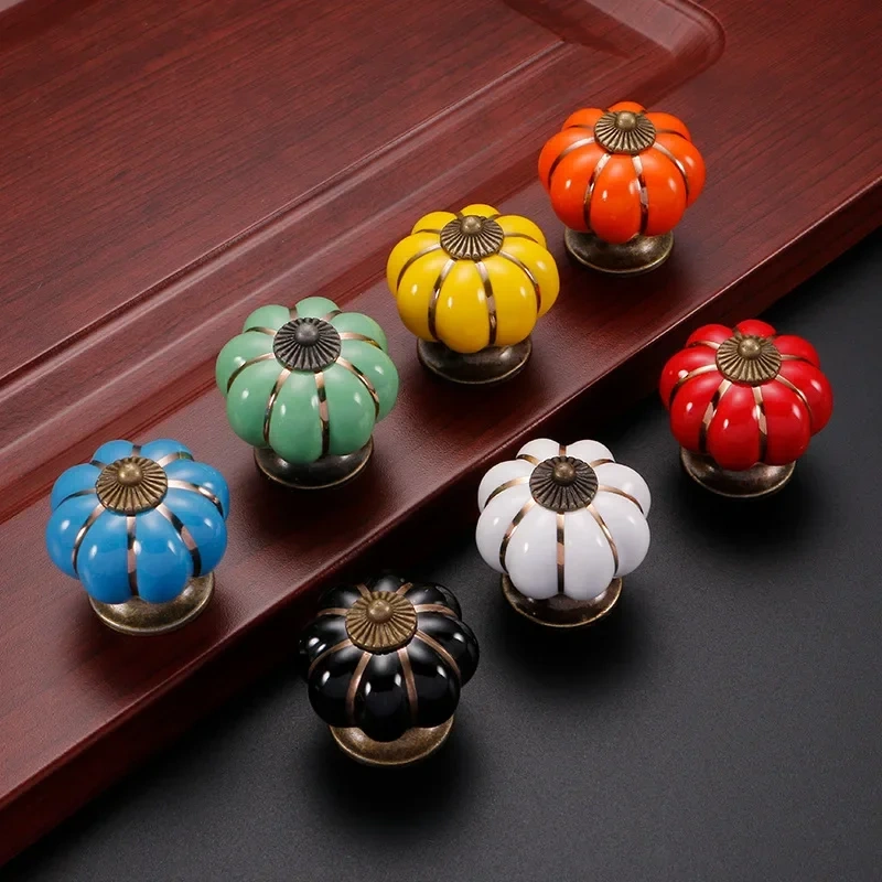1pc Furniture Handle Door Knobs Furniture Drawer Cupboard Kitchen Pull Handle Pumpkin Ceramic Cabinet Handles Retro Hardware