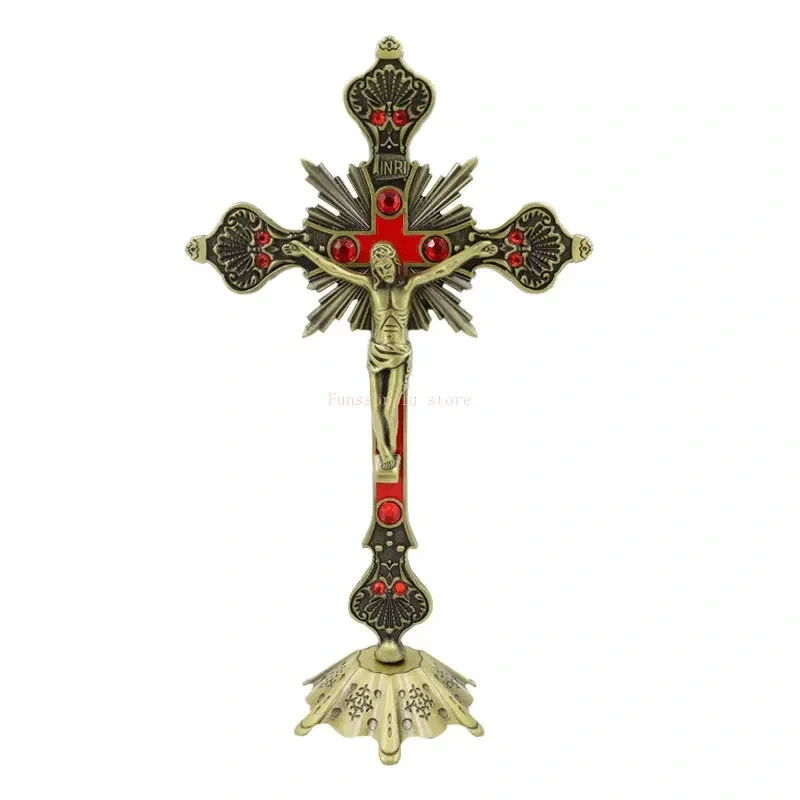 Church Relics Figurines Crucifix Jesus Christ On The Stand Wall Cross Antique Religious Altar Home Chapel Decoration 4 Colors