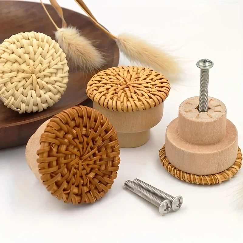 1pc Rattan Braided Round Handle Knob, Wooden Handle, For Kitchen Living Room Bedroom Closet Cabinet