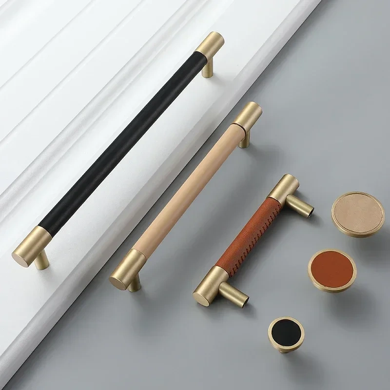 1pcs Cow Leather+brass natural Handles Drawer Cabinet Knob Kitchen Door Handle Cupboard Wardrobe Pull Handles Furniture Fittings