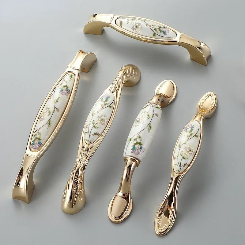 Modern simple light luxury pastoral European handle bright gold ceramic handle furniture hardware