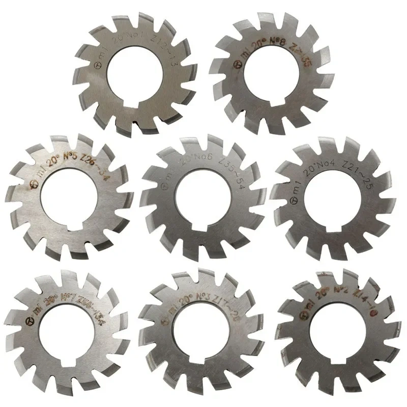 8pcs/set Spur gear milling cutter M1 M1.25 M1.5 M1.75 M2 M2.5 M3 Modulus PA20 degrees NO.1-NO.8 HSS Disc milling cutter