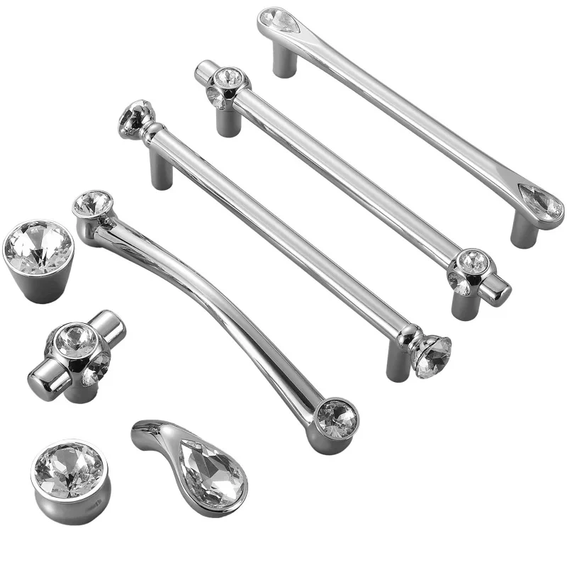 Nordic modern simple crystal Bright chrome zinc coated cabinet door handle hardware diamond crystal handle