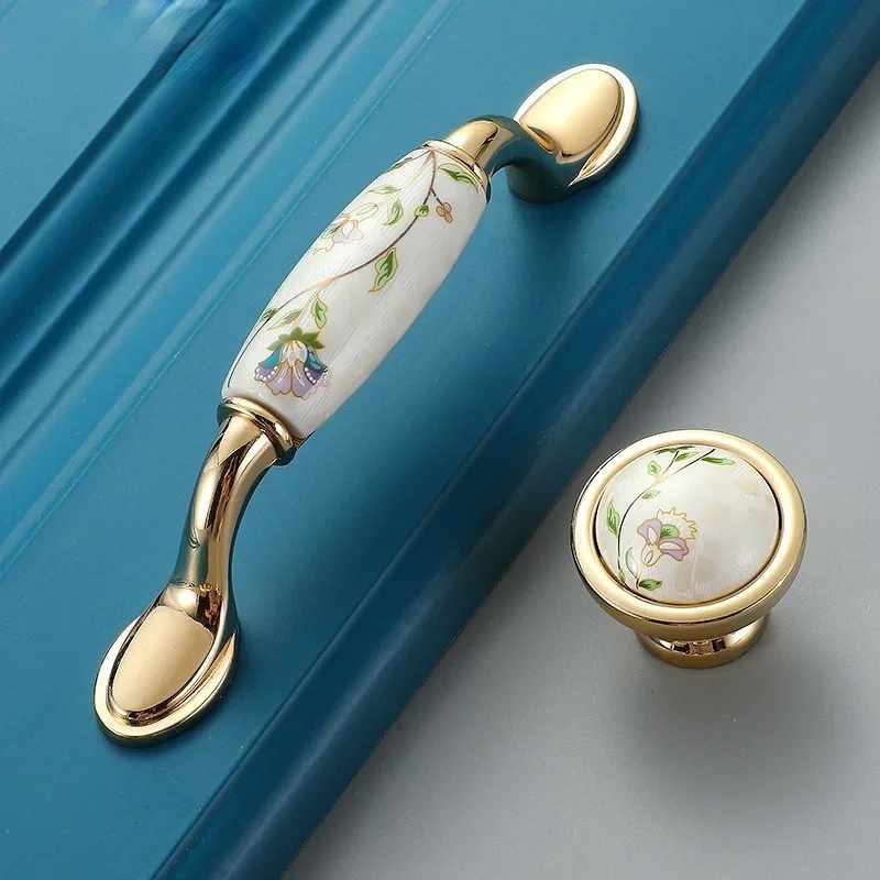 Modern simple light luxury pastoral European handle bright gold ceramic handle furniture hardware