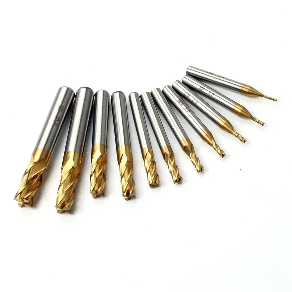 7Pcs/11Pcs Milling Cutters 4-Flute Titanium Coated HSS End Mill Set 1.5-10mm CNC Router Bit For Wood Steel Milling