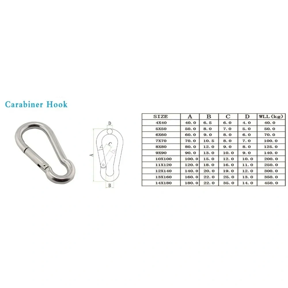 304 Stainless Steel Spring Snap Hook Carabiner Clips M4 M5 M6 M7 M8 M10 M11 M12 Heavy Duty Locking Climbing Carabiners Clips