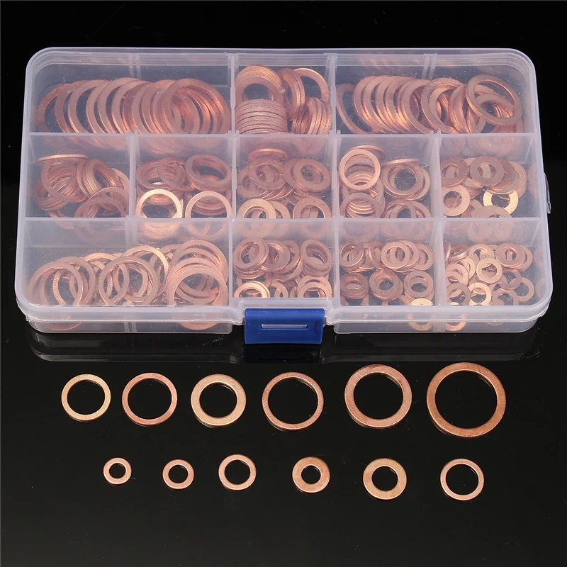 280PCs Solid Copper Ring Washers Sump Plug Assorted Washer Set Plastic Box Great 12 Sizes Oil Seal Metal Washer Plain