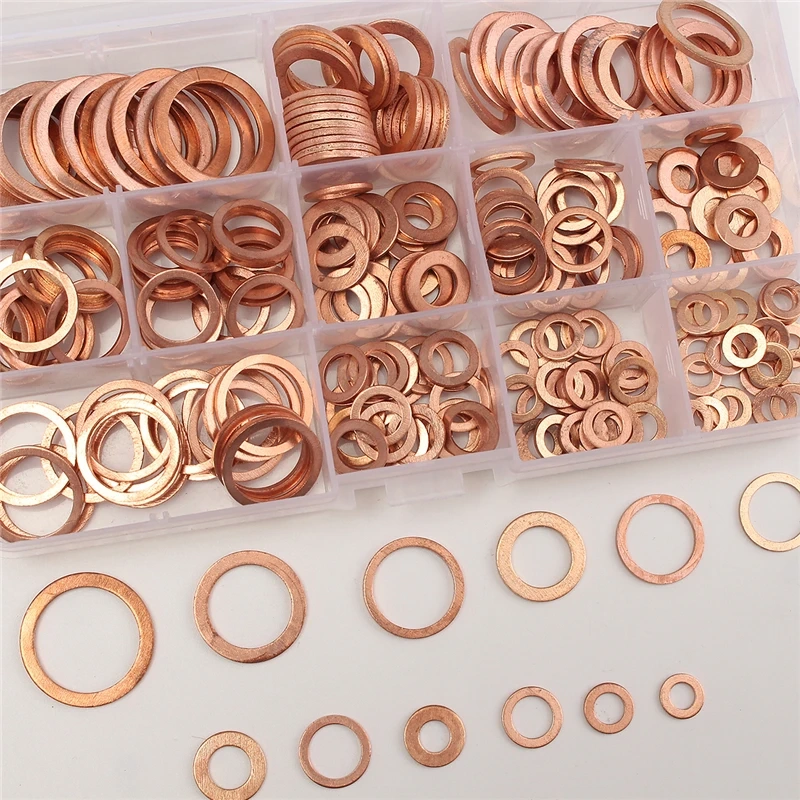 280PCs Solid Copper Ring Washers Sump Plug Assorted Washer Set Plastic Box Great 12 Sizes Oil Seal Metal Washer Plain