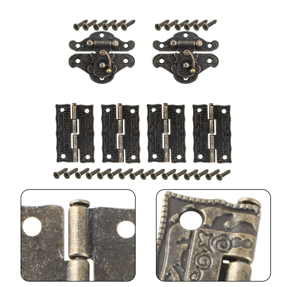 6pcs Antique Bronze Cabinet Door Hinge For DIY Box Furniture Hinges With Screws Wooden Box Latch Hasp Furniture Hardware