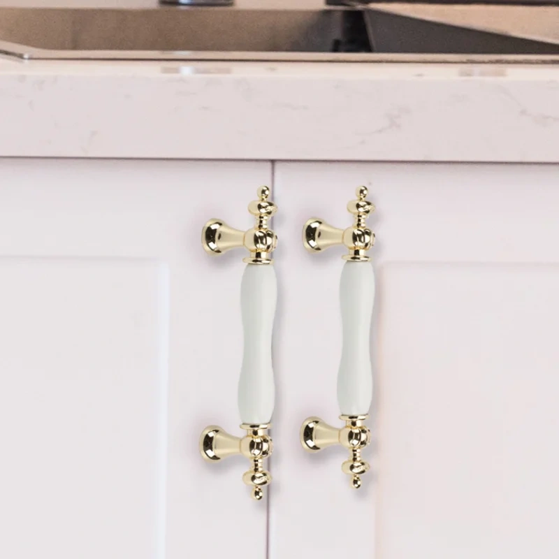 1PC Fashion Ceramic Cabinet Handles Golden Kitchen Cupboard Door Handles Drawer Knobs European White Furniture Pulls