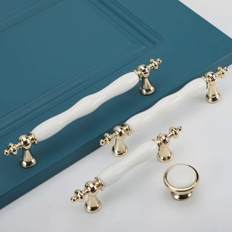1PC Fashion Ceramic Cabinet Handles Golden Kitchen Cupboard Door Handles Drawer Knobs European White Furniture Pulls