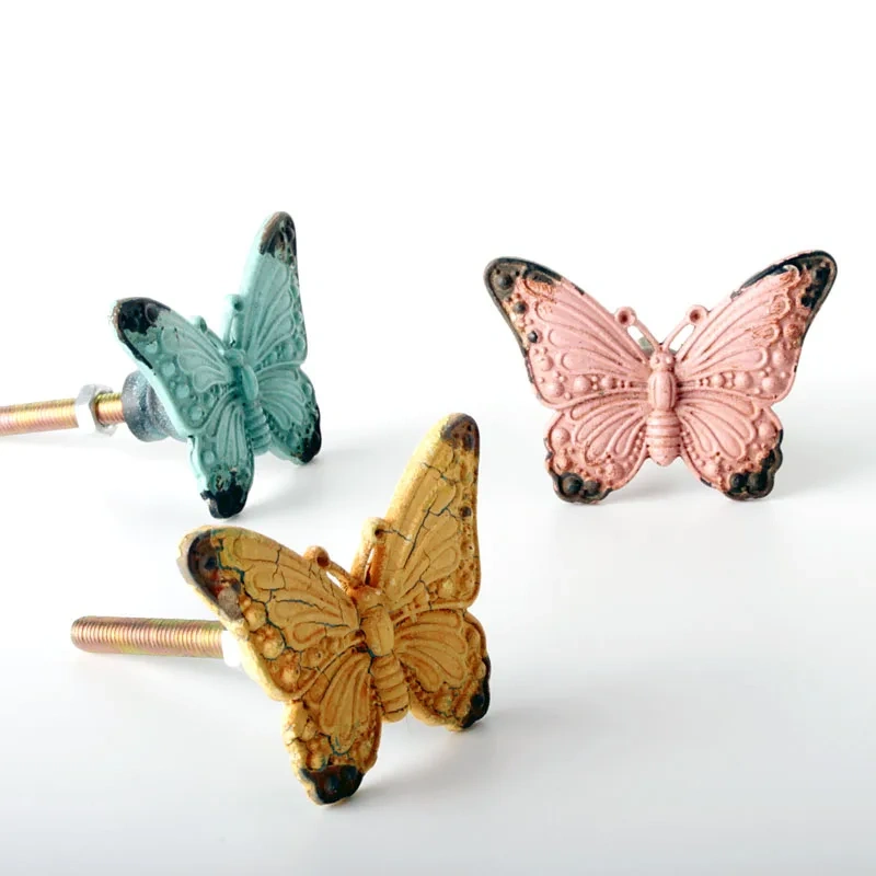 Mediterranean Style Single Hole Butterfly Handle Retro Wardrobe Cat Tail Double Hole Handle and Knob Drawer Wall Mounted Knob