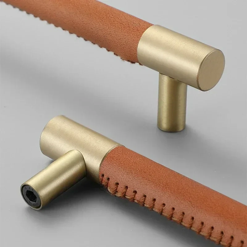 1pcs Cow Leather+brass natural Handles Drawer Cabinet Knob Kitchen Door Handle Cupboard Wardrobe Pull Handles Furniture Fittings