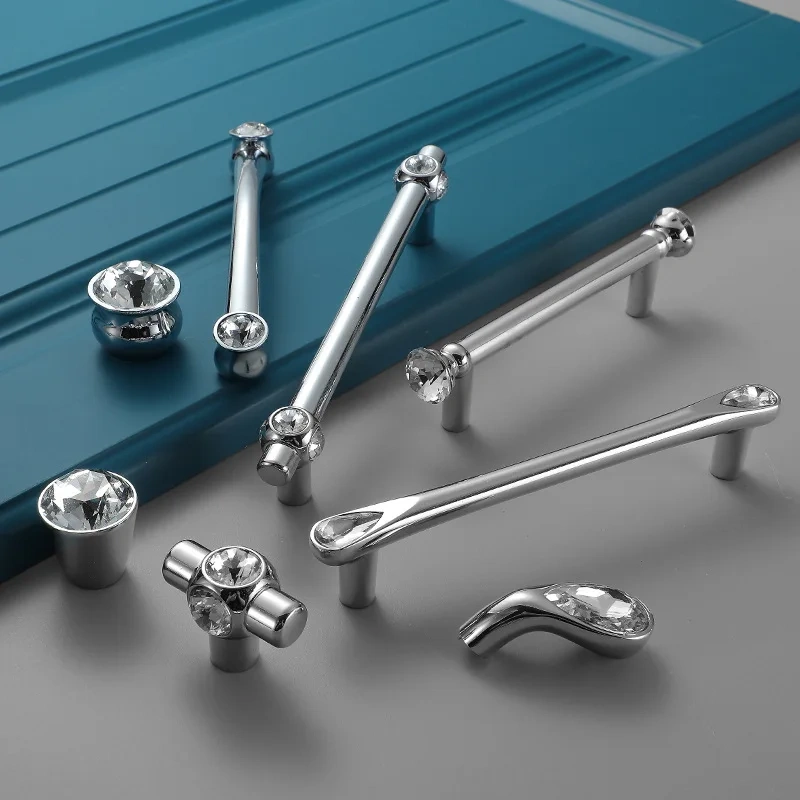 Nordic modern simple crystal Bright chrome zinc coated cabinet door handle hardware diamond crystal handle