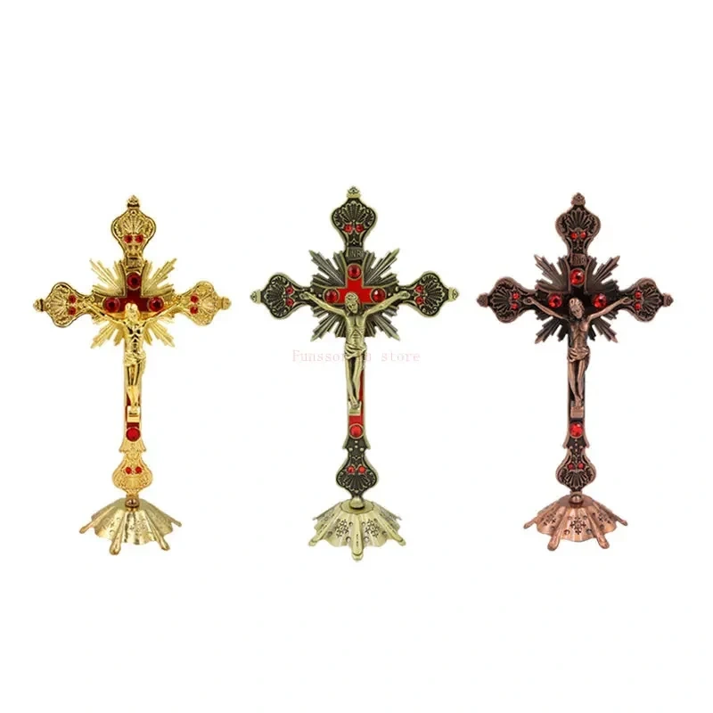 Church Relics Figurines Crucifix Jesus Christ On The Stand Wall Cross Antique Religious Altar Home Chapel Decoration 4 Colors