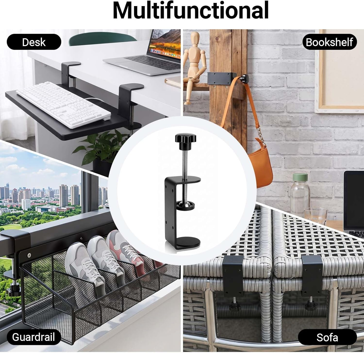 lamp‑On Power Strip Holder, 360° Rotatable No Drill Surge Protector Mount Bracket, Heavy‑Duty Thick Iron Desk Edge Power Strip Clamp for Home Office Cable Management, Supports Desktop Under‑Table Installation