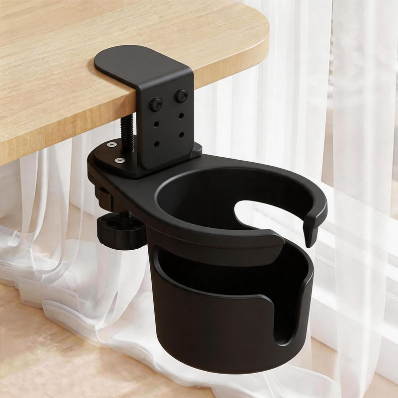 No Drill Desk Cup Holder Clamp, 360° Rotating Anti-Spill Table Cup Holder, Adjustable Clip on Cup Holder for Gaming Desk, Gamer Gift, Drink Holder for Coffee Cup, Office Accessories