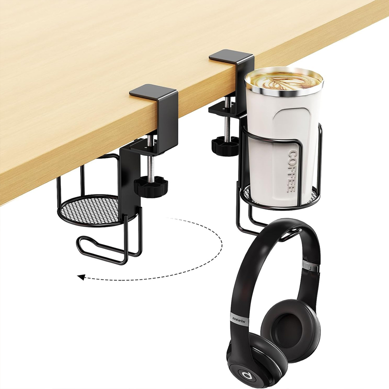 Adjustable Clamp-On Desk Cup Holder with Backpack Hook, No Drill Heavy Duty Table Edge Hanger, 2 in 1 Desk Organizer for School Dorm Office, Hold Water Bottle, Backpack, Bookbag