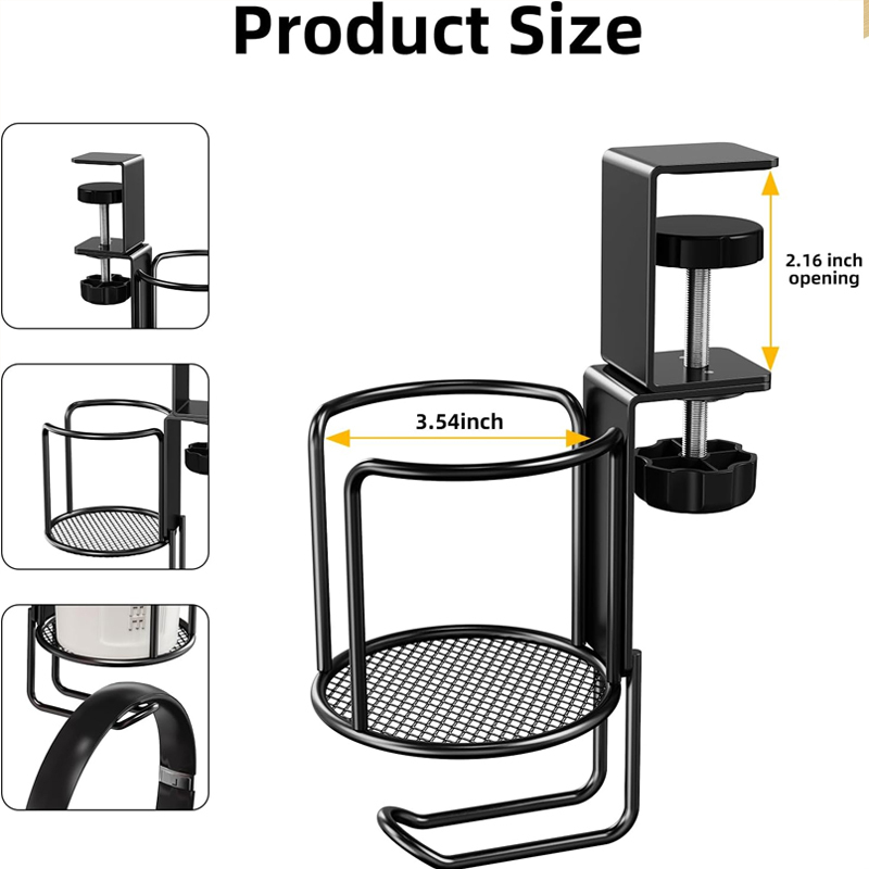 Adjustable Clamp-On Desk Cup Holder with Backpack Hook, No Drill Heavy Duty Table Edge Hanger, 2 in 1 Desk Organizer for School Dorm Office, Hold Water Bottle, Backpack, Bookbag