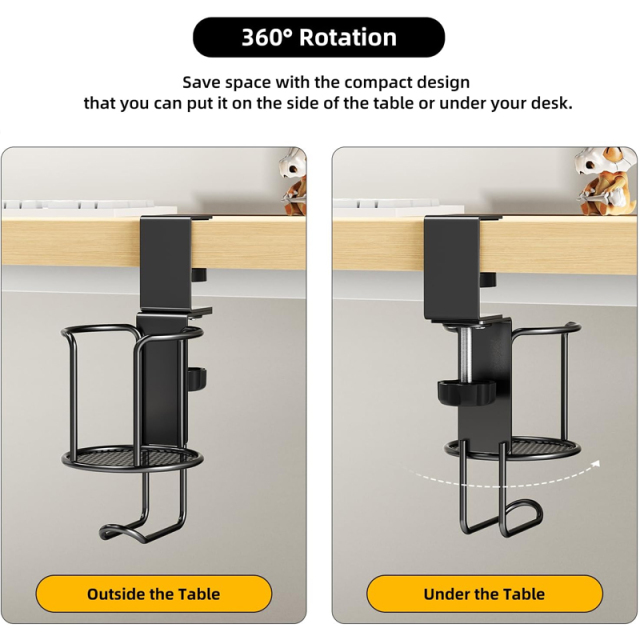 Adjustable Clamp-On Desk Cup Holder with Backpack Hook, No Drill Heavy Duty Table Edge Hanger, 2 in 1 Desk Organizer for School Dorm Office, Hold Water Bottle, Backpack, Bookbag