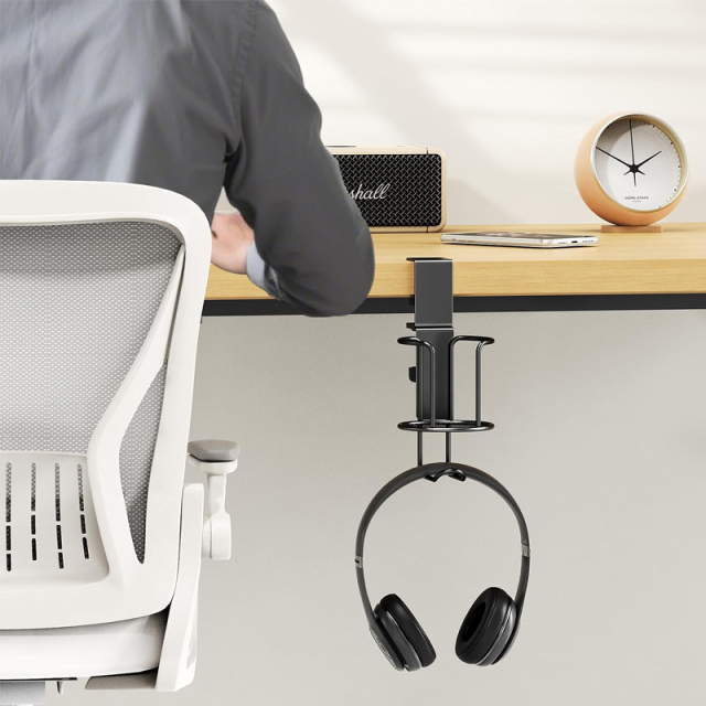 Adjustable Clamp-On Desk Cup Holder with Backpack Hook, No Drill Heavy Duty Table Edge Hanger, 2 in 1 Desk Organizer for School Dorm Office, Hold Water Bottle, Backpack, Bookbag