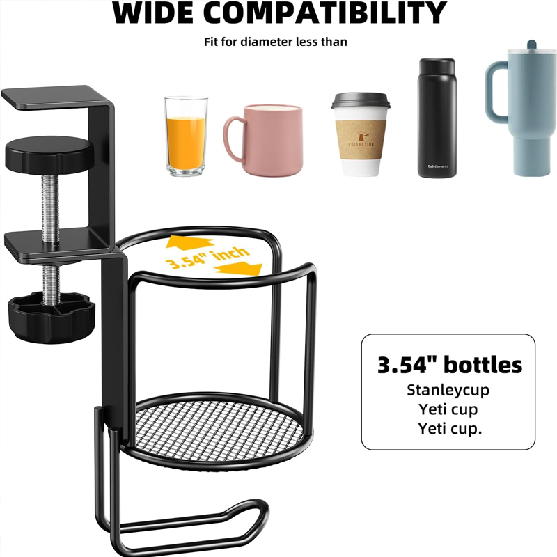 Adjustable Clamp-On Desk Cup Holder with Backpack Hook, No Drill Heavy Duty Table Edge Hanger, 2 in 1 Desk Organizer for School Dorm Office, Hold Water Bottle, Backpack, Bookbag