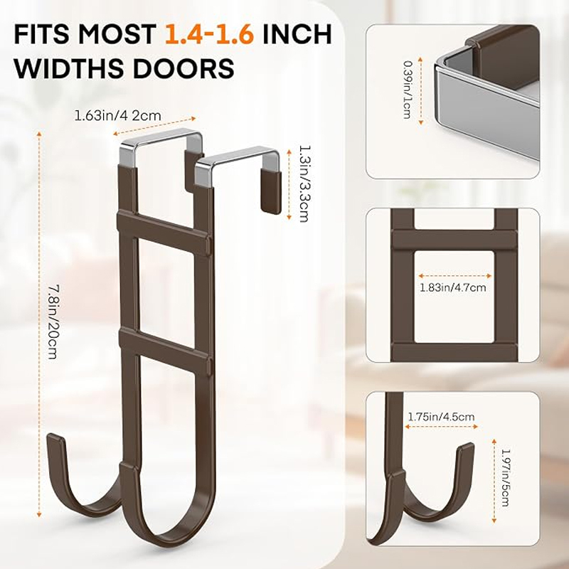 FYY Over the Door Hooks, Double-Hanger 2 Pack, Fits Doors 1.6" Brown