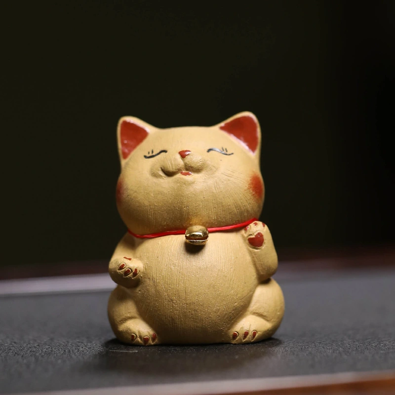 Handmade original purple clay Maneki - Neko ornaments for attracting wealth.